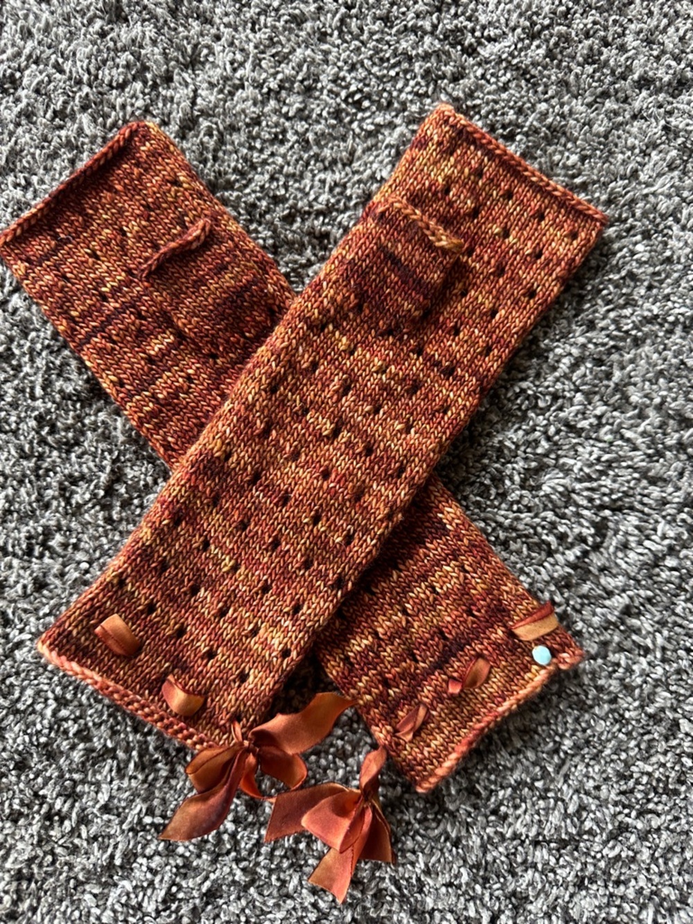Hand-Knit Rust Orange Fingerless Gloves with Ribbon Detail - Picture 1 of 5
